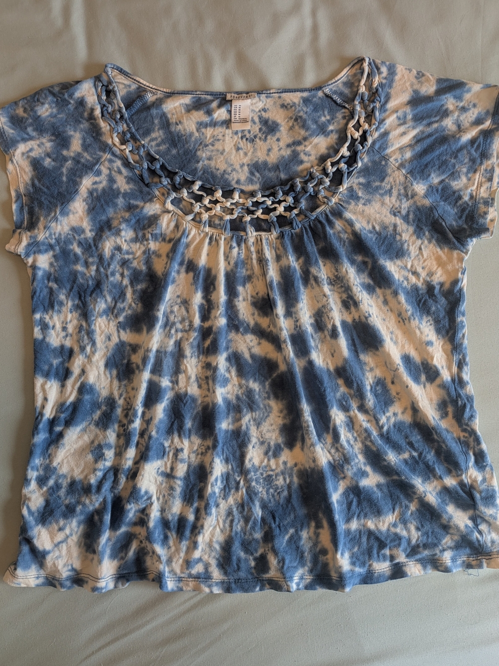 Forever 21 Blue White Tie Dye Cutout Crochet Knotted Detail Neckline Top Size M